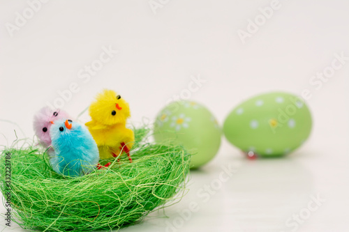 Easter eggs in the basket, Chickens in the eggs, Easter eggs, Happy easter card, Easter background