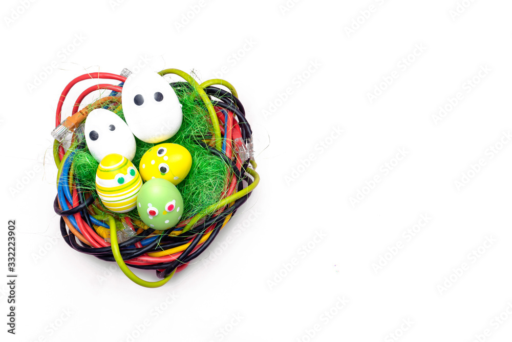 Easter eggs in the basket, Chickens in the eggs, Easter eggs, Happy easter card, Easter background, Ethernet cables nest,  Data Center, Internet