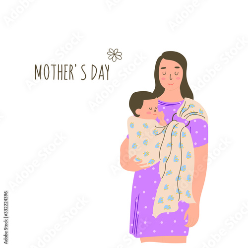 A woman carries her baby. A newborn baby in a sling feels love and protection from his mother. Family, lifestyle concept. Happy mother's day. Hand drawn vector illustration.