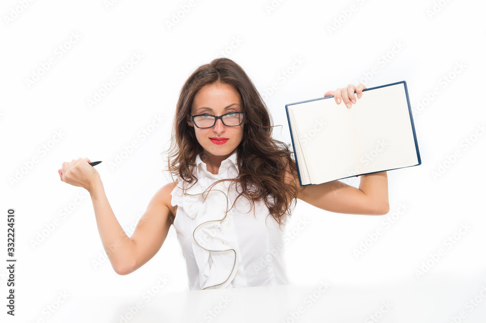 Sexy businesswoman hold pen. girl making notes. notebook for copy space. confident office manager. job interview blank. Fill out an interview form. sitting at desk. thinking over idea about project Sexy businesswoman hold pen. girl making notes. notebook for copy space. confident office manager. job interview blank. Fill out an interview form. sitting at desk. thinking over idea about project