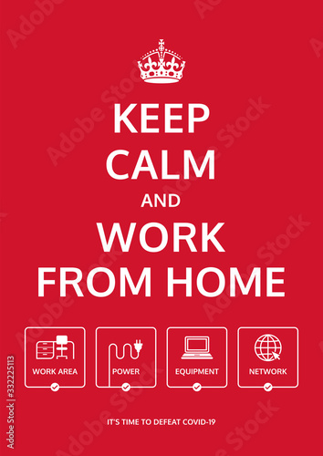 Keep Calm and work from home. Business continuity plan. Motivational retro poster design. Stay at home to prevent Covid-19 virus. Facing pandemic crises productively. Work from home checklist icons.