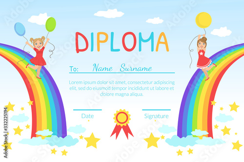 Kids Diploma Template with Place For Your Text, Preschool, Kindergarten Children Certificate witn Happy Kids Jumping on Rainbow During Sunny Day Vector Illustration © topvectors