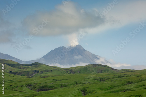 Dramatic views of the volcanic landscape. Kamchatka Peninsula.