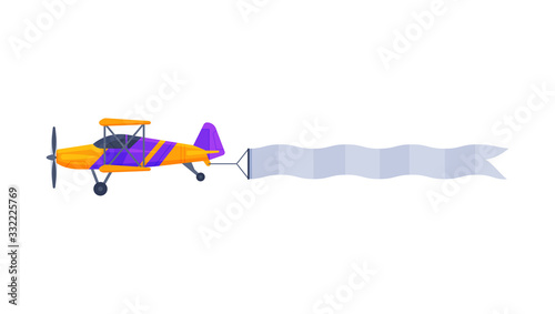 Retro Biplane with Blank Horizontal Banner Flying in the Sky, Air Vehicle with White Ribbon for Advertising Flat Vector Illustration