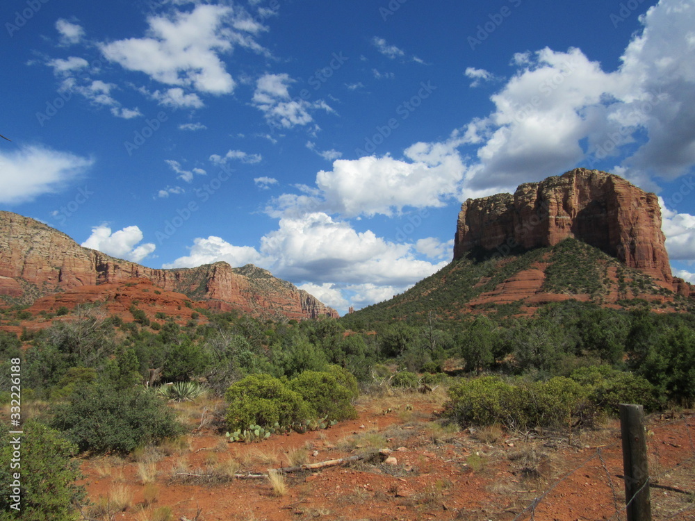 View of the red rock formation Courthouse Butte north of the Village of Oak Creek and south of Sedona in Yavapai County, Arizona 
