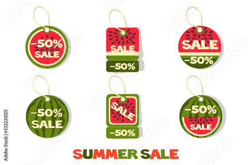 Collection of style watermelons summer sale tags or labels.
