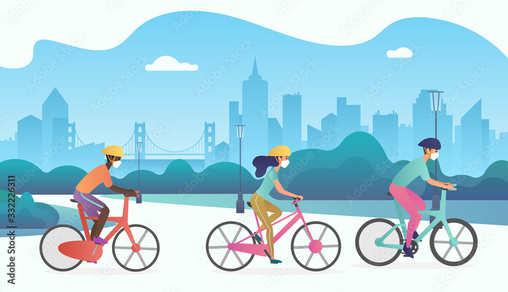 Fototapeta premium Vector Group of cyclists people wearing protection medical face mask and riding bikes in public park street. Protection from 2019-nCoV, COVID-19, SARS-CoV-2, coronavirus, virus, flu, air pollution.