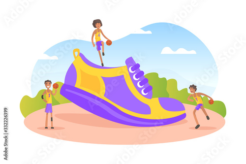 Boys Wearing Uniform Playing Basketball on Playground with Huge Sports Shoe Vector Illustration