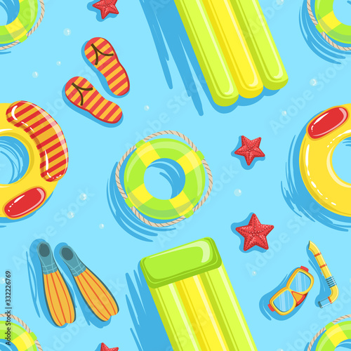 Swimming Pool with Colorful Floats Seamless Pattern, Design Element Can Be Used for Fabric, Wrapping Paper, Website, Wallpaper Vector illustration