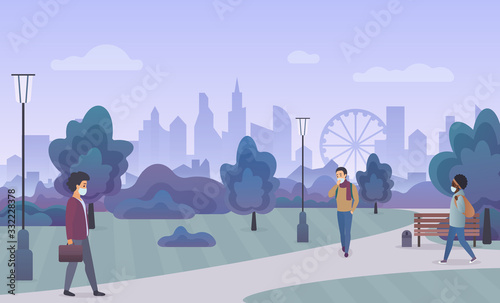Vector Group of people wearing protection medical face mask and walking in public park street. Protection from 2019-nCoV, COVID-19, SARS-CoV-2, coronavirus, virus, flu, disease, air pollution.