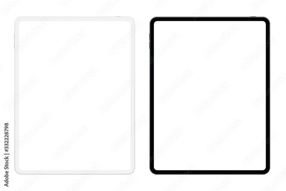 New version of black and white slim tablet with blank white screen. Tablets realistic vector illustration New version of black and white slim tablet with blank white screen. Tablets realistic vector illustration