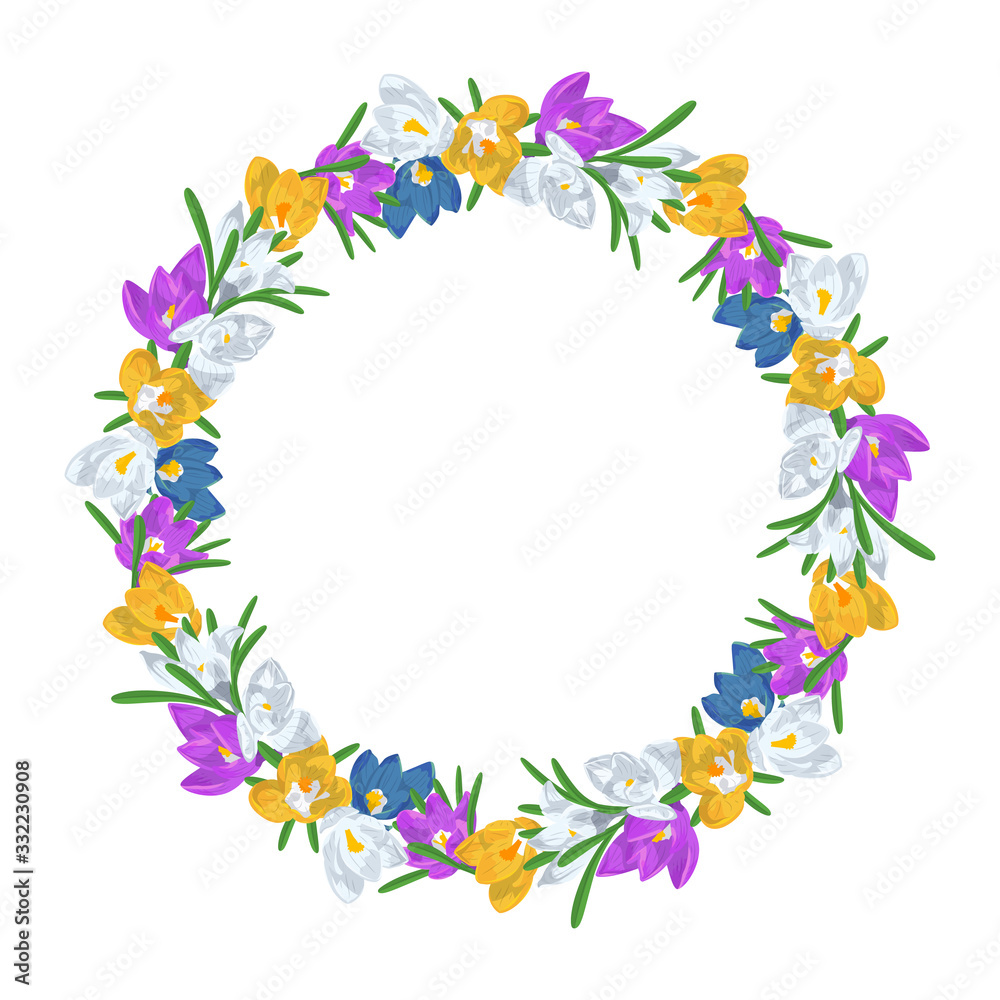 Hand drawn colorful crocus flowers circular wreath. Floral design element. Isolated on white background. Vector illustration