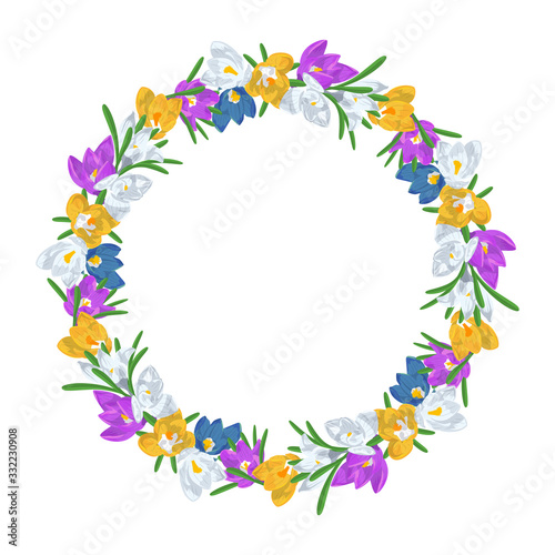 Hand drawn colorful crocus flowers circular wreath. Floral design element. Isolated on white background. Vector illustration