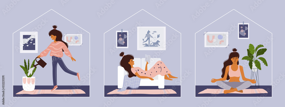 Stay home concept. Girl takes care for houseplants, reading book, doing yoga. Cozy modern scandinavian interior. Self isolation, quarantine due to coronavirus. Set of illustration of  home activities