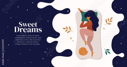 Sweet dreams, good health concept. Young woman sleeps on side. Vector illustration of girl and cat in bed, night sky, stars. Advert of mattress. Design template with pose of sleeping for flyer, layout photo
