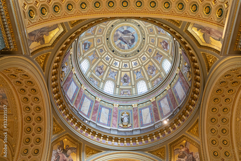 View inside the Basilica of Sant Istvan(Stephen), Budapest, Hungary. Painted and decorated dome vault.