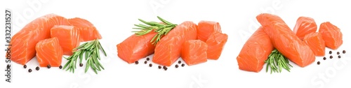 raw salmon piece cube with rosemary and peppercorn isolated on white background close up. Set or collection