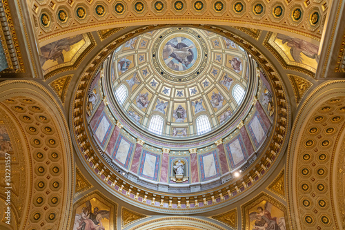 View inside the Basilica of Sant Istvan Stephen   Budapest  Hungary. Painted and decorated dome vault.