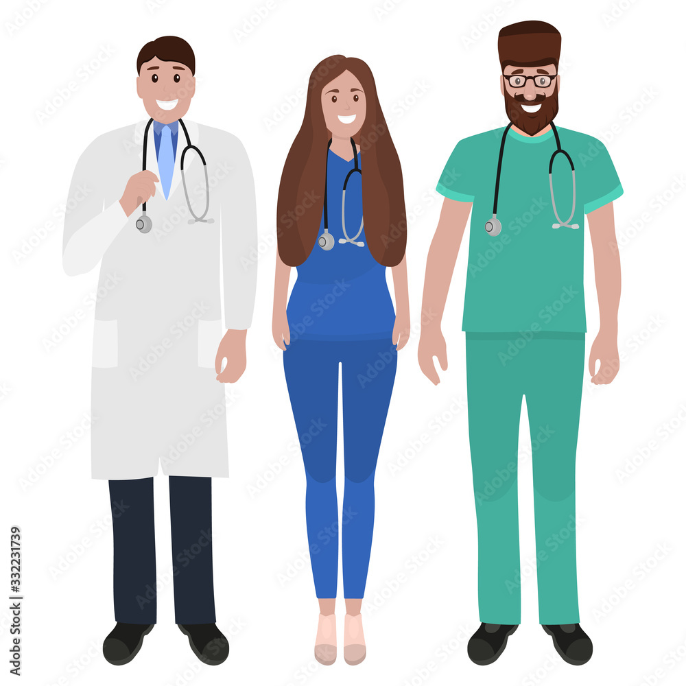 Young male and female doctors with stethoscope in a hospital. Cartoon flat, vector illustration Young male and female doctors with stethoscope in a hospital. Cartoon flat, vector illustration