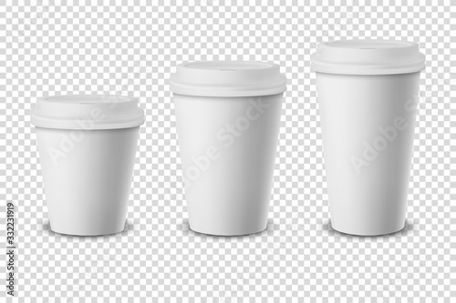 Vector 3d White Realistic Disposable Closed Paper, Plastic Coffee Cup for Drinks with White, Brown and Black Lid Set Closeup Isolated on Transparent Background. Design Template, Mockup. Front View