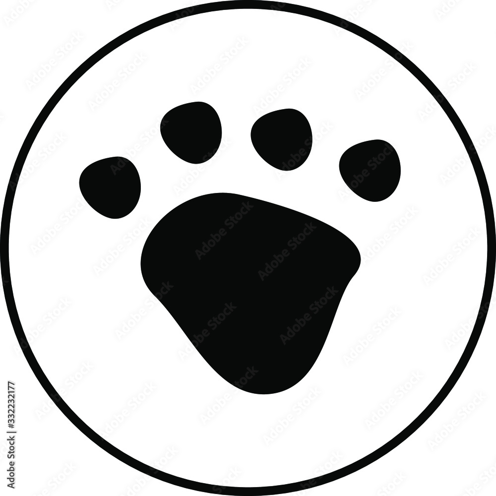 Black dog or cat paw print button pet vector icon on white circle. Animal, pet, tracks, and footprints concepts. Black dog or cat paw print button pet vector icon on white circle. Animal, pet, tracks, and footprints concepts.