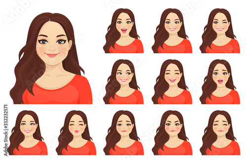 Beautiful plus size woman with different facial expressions set isolated vector illustration