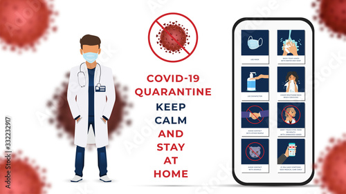 Covid-19 Quarantine. Keep calm and stay at home. Corona Virus disease 2019 Pandemic Protection Concept. Vector
