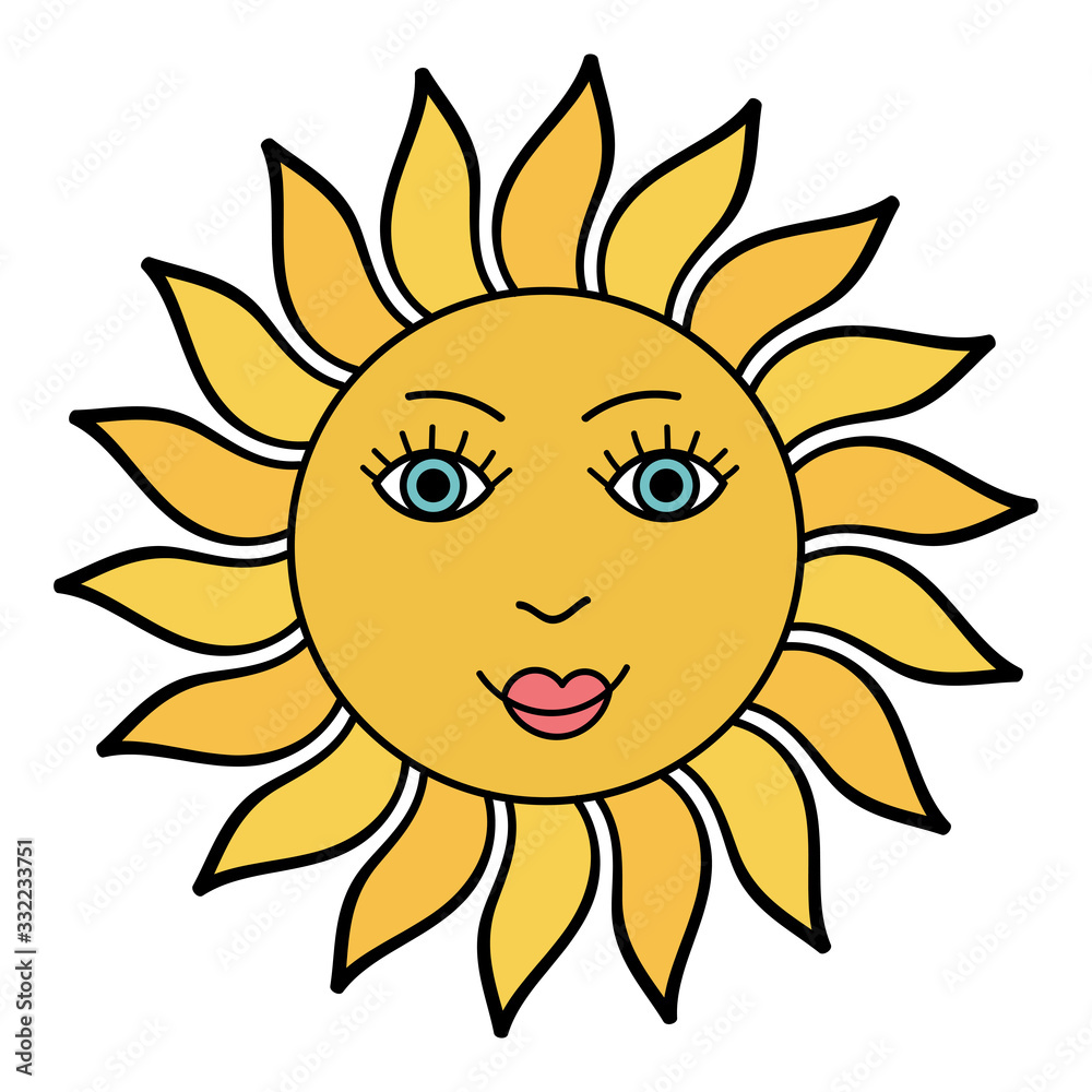 Cute cartoon doodle sun character isolated on white background. Vector illustration.  