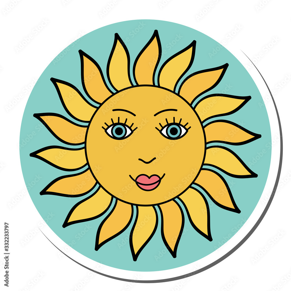 Cute cartoon doodle sun character sticker isolated on white background. Vector illustration. 