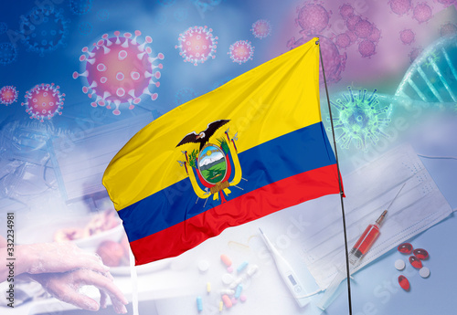 Coronavirus  COVID-19  outbreak and coronaviruses influenza background as dangerous flu strain cases as a pandemic medical health risk. Ecuador Flag with corona virus and their prevention.