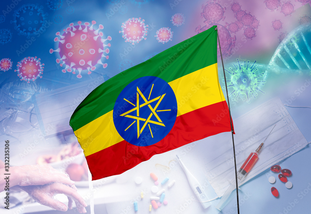 Coronavirus (COVID-19) outbreak and coronaviruses influenza background as dangerous flu strain cases as a pandemic medical health risk. Ethiopia Flag with corona virus and their prevention.