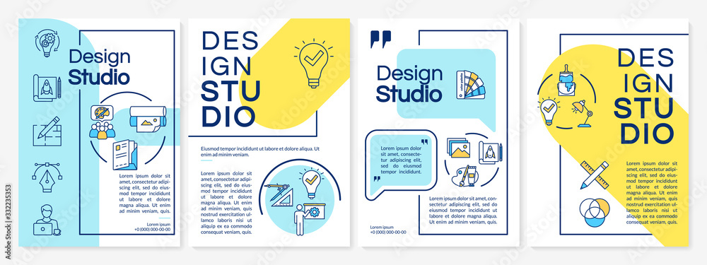 Design studio brochure template. Creative agency services. Flyer, booklet, leaflet print, cover design with linear icons. Vector layouts for magazines, annual reports, advertising posters