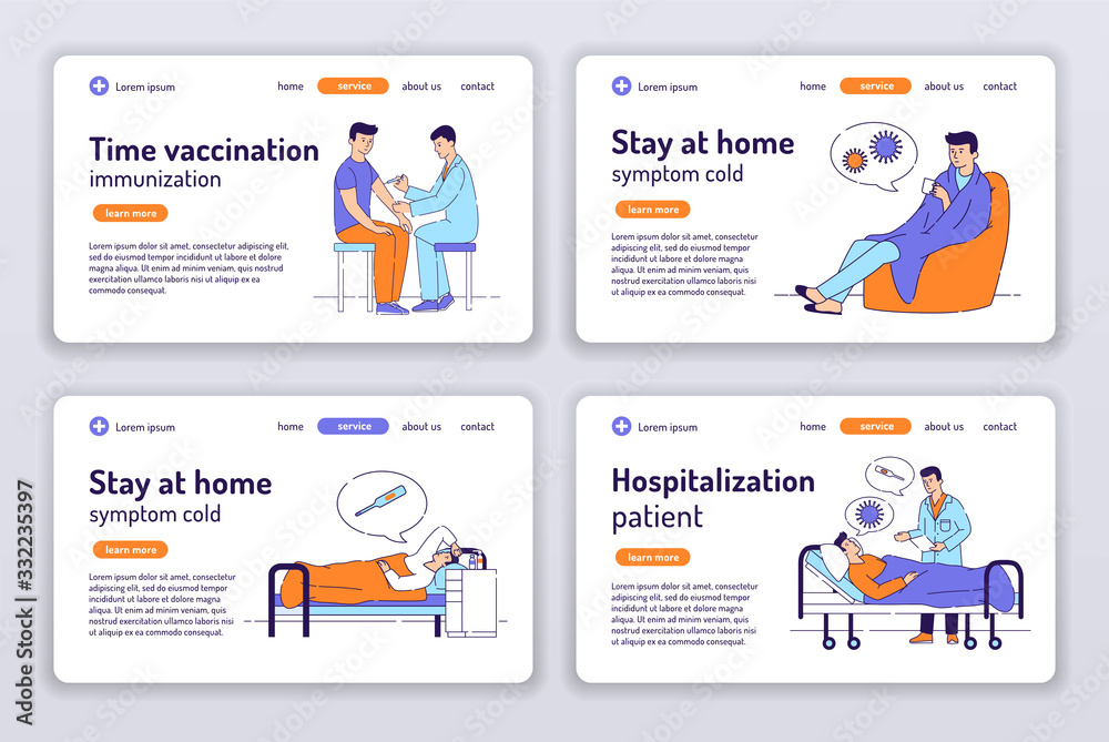 Sick man with a cold disease web banners. Vaccination. Hospitalization patient. Stay at home. Symptoms of a virus disease flat vector illustration. Concept for web page, presentation, site