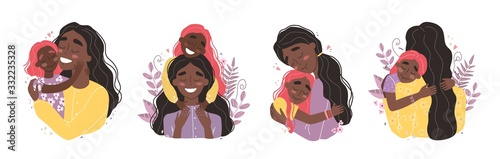Beautiful young black african american woman and her charming little daughter. Girl hugs mom and smiles. Set of illustrations for mothers day