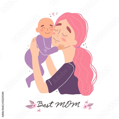 Mothers day greeting card  mother hugs baby