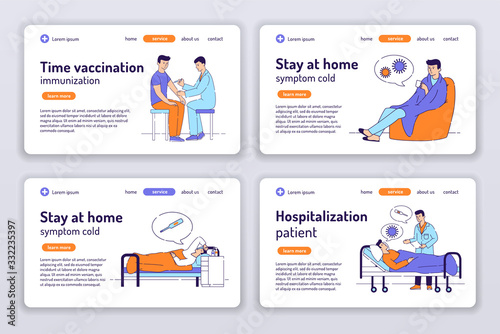Sick man with a cold disease web banners. Vaccination. Hospitalization patient. Stay at home. Symptoms of a virus disease flat vector illustration. Concept for web page, presentation, site