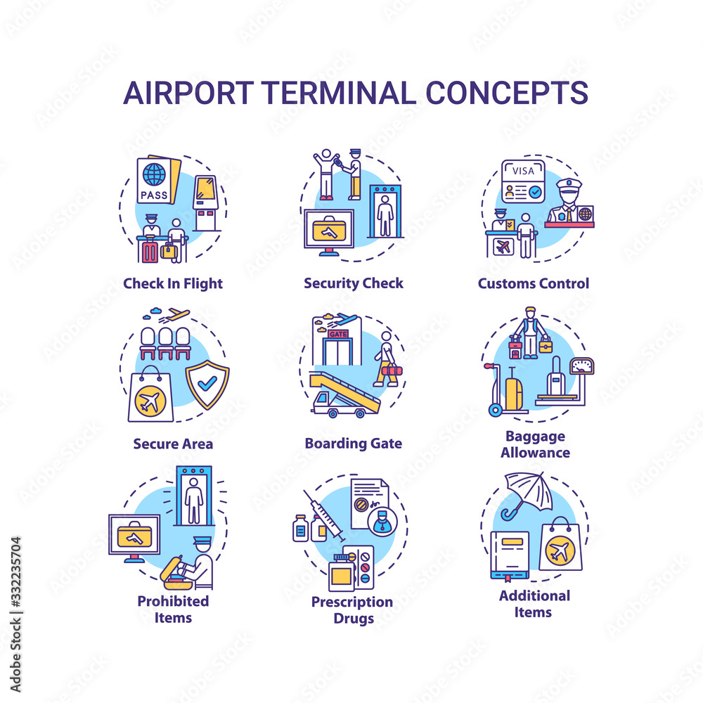 Airport terminal concept icons set. Security check, boarding gate idea thin line RGB color illustrations. Customs control, baggage allowance. Vector isolated outline drawings. Editable stroke Airport terminal concept icons set. Security check, boarding gate idea thin line RGB color illustrations. Customs control, baggage allowance. Vector isolated outline drawings. Editable stroke