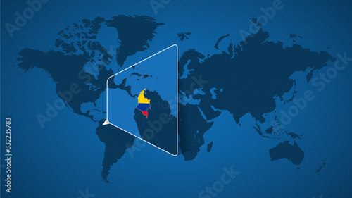 Detailed world map with pinned enlarged map of Colombia and neighboring countries.