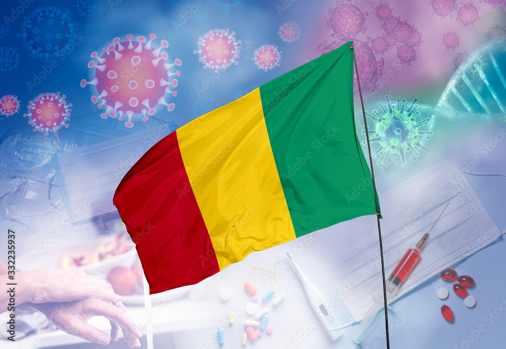 Coronavirus (COVID-19) outbreak and coronaviruses influenza background as dangerous flu strain cases as a pandemic medical health risk. Guinea Flag with corona virus and their prevention.