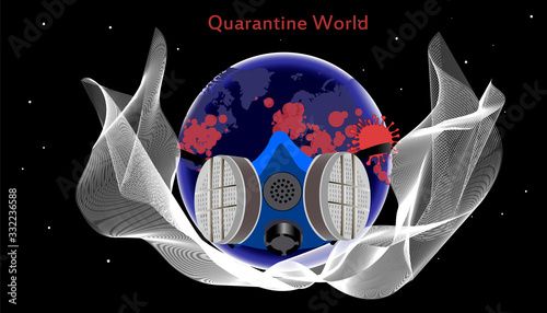 Coronavirus pandemic (2019-nCov). Vector illustration of the spread of the virus on a world map. Global catastrophe. Earth Disinfection. World quarantine with respirator, protection class FFP3.
