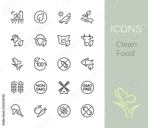 Clean Food outline icons. Set of 20 Clean Food outline icons, vector illustrations. Contains such as: chicken, farm, non-gmo, wheat, sheep and more.