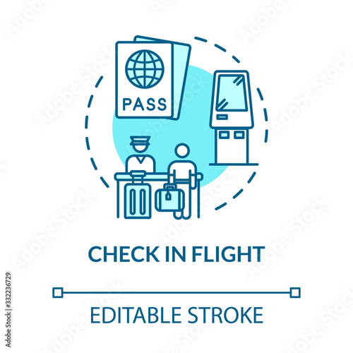 Check in flight concept icon. Passengers passport control and boarding idea thin line illustration. Airport terminal security. Ticket check. Vector isolated outline RGB color drawing. Editable stroke