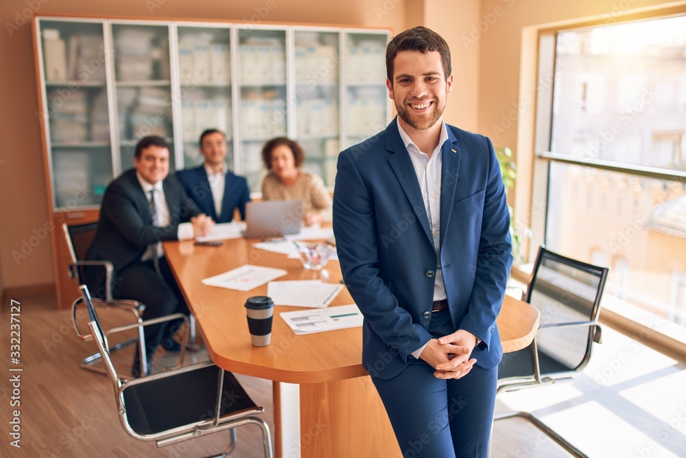 Business lawyers workers meeting at law firm office. Professional executive partners working on finance strategry at the workplace. Leader worker standing confident looking at the camera.