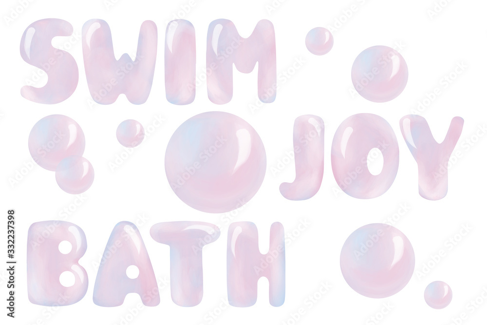 Bright cartoon bubbles word- art. Clip art, bathroom joy topography set on white background