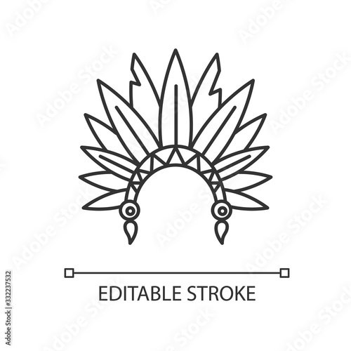 Native Indian American chief hat pixel perfect linear icon. Ancient headdress. Thin line customizable illustration. Contour symbol. Vector isolated outline drawing. Editable stroke illustration