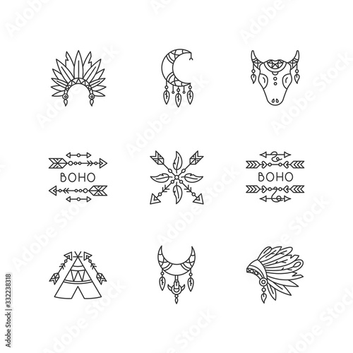 Native american accessories pixel perfect linear icons set. Tribe teepee. Boho style dreamcatcher. Customizable thin line contour symbols. Isolated vector outline illustrations. Editable stroke