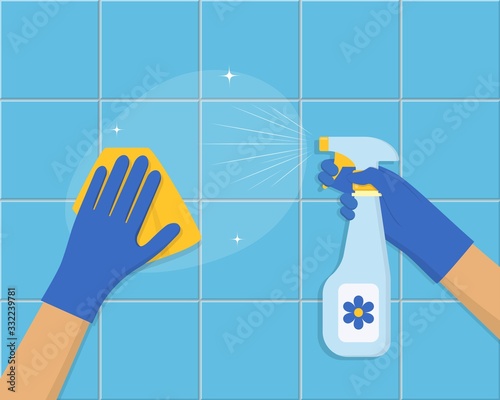 Cleaning concept. Hand in blue rubber glove cleans the tile with sponge and cleaning spray. Cleaning service background design. Vector illustration in flat style.