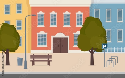 City street with houses facades. Urban landscape. City buildings along wide street with trees, bench, street lamp and bicycle parking. Vector illustration in flat style.