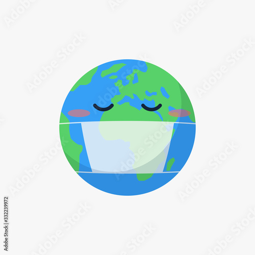 World global coronavirus COVID 19 pandemic themed vector illustration of the planet Earth in virus protective mask.