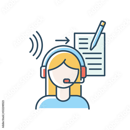 Transcription blue RGB color icon. Linguist, translator. Listening and translation, foreign language representation, audio records conversion into text. Isolated vector illustration